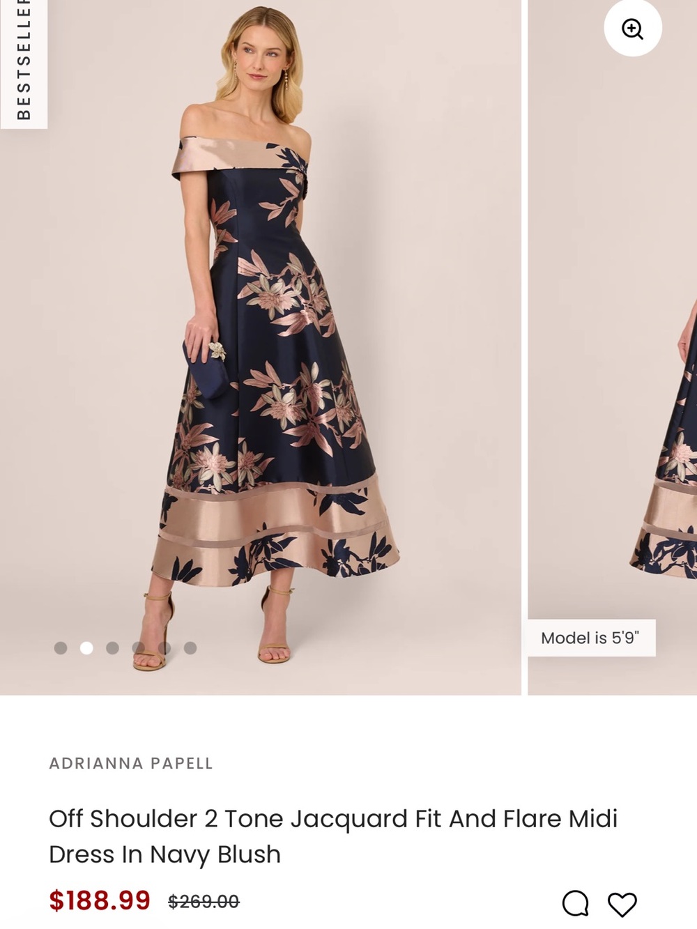 Adrianna Papell Navy and Blush Off-Shoulder Floral Jacquard Midi Dress